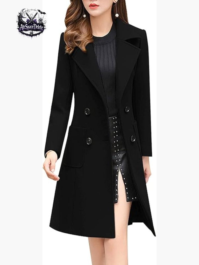 Wool Blend Double Breasted Pea Coat Notch Collar Knee Length Overcoat